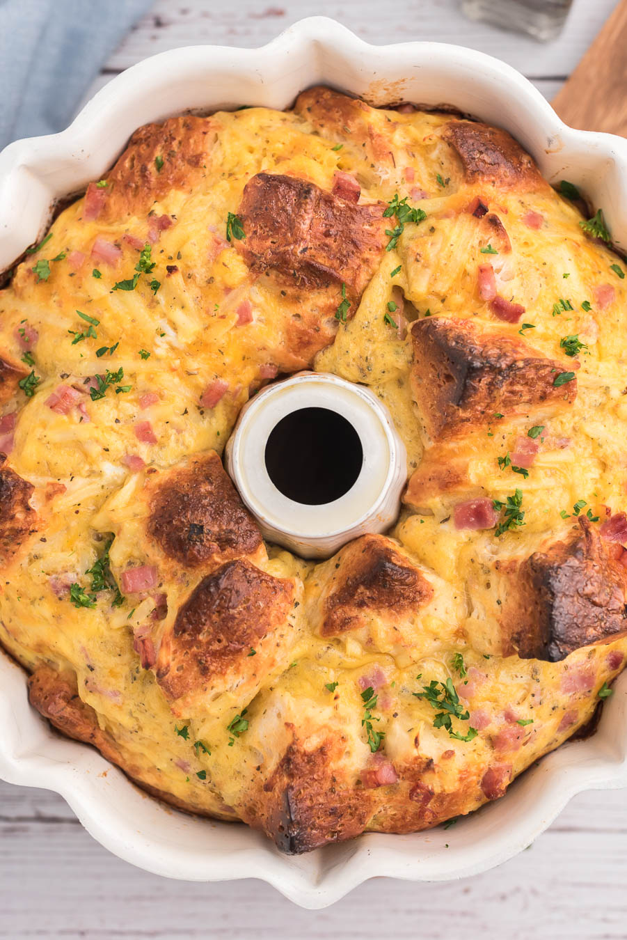 super up close view inside bundt pan filled with egg casserole for a unique breakfast.