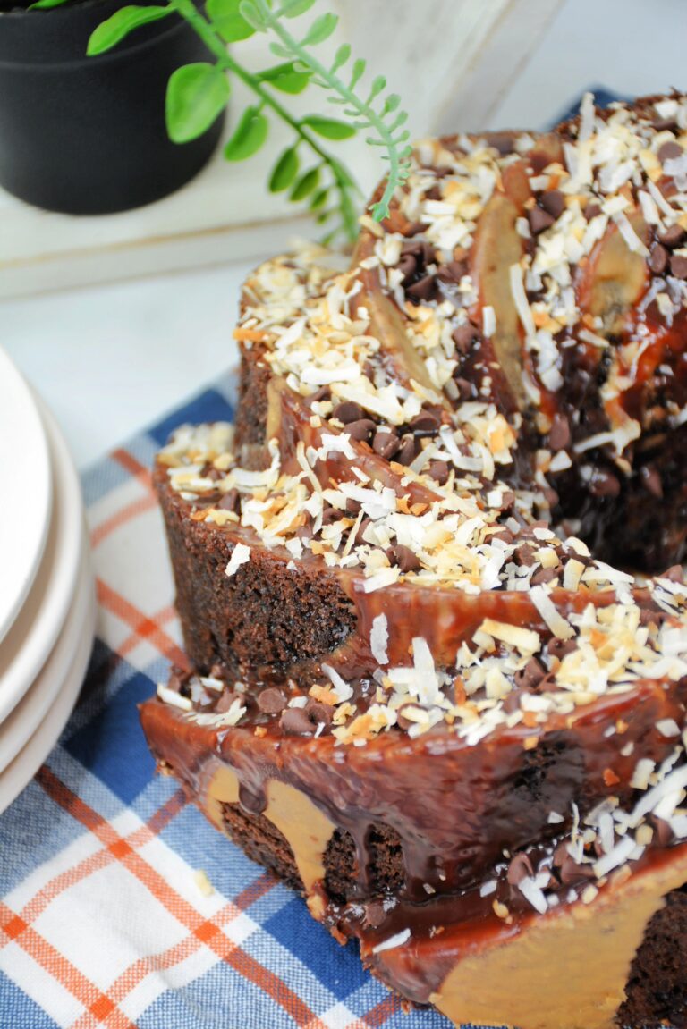 mocha rum cake on a napkin